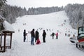Kids skiing on a ski slope for children in winter resort in mountain of Vitosha, Bulgaria Ã¢â¬â jan 23,2018. Skiing, ski sport